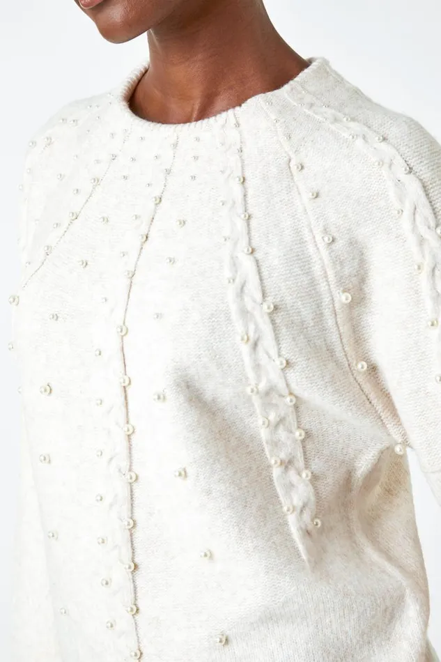 Women Natural Pearl Embellished Cable Knit Jumper Roman Knitwear