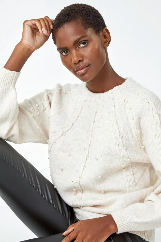 Women Natural Pearl Embellished Cable Knit Jumper Roman Knitwear