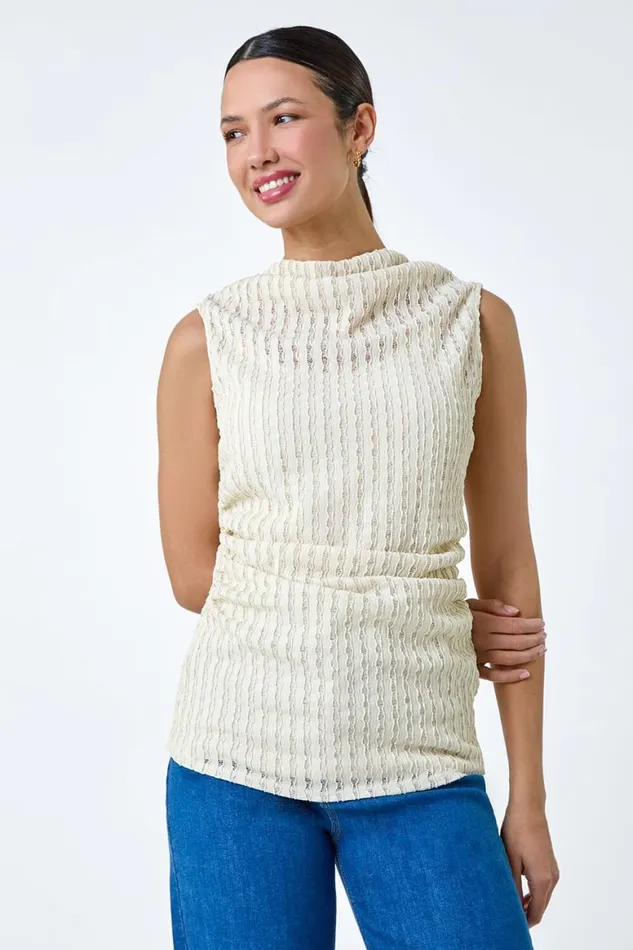 Women Natural Textured Sleeveless Stretch Top Roman Tops
