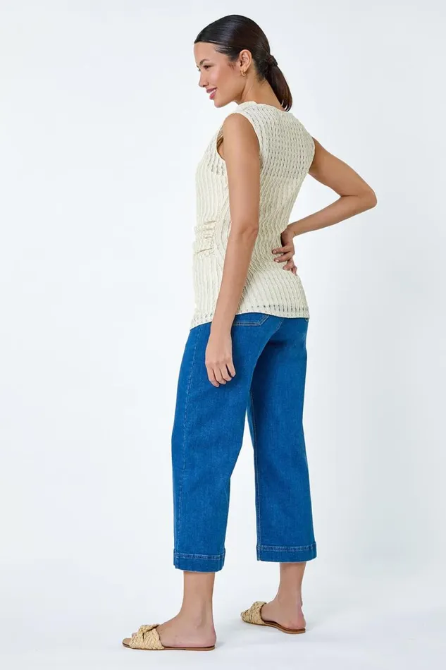 Women Natural Textured Sleeveless Stretch Top Roman Tops