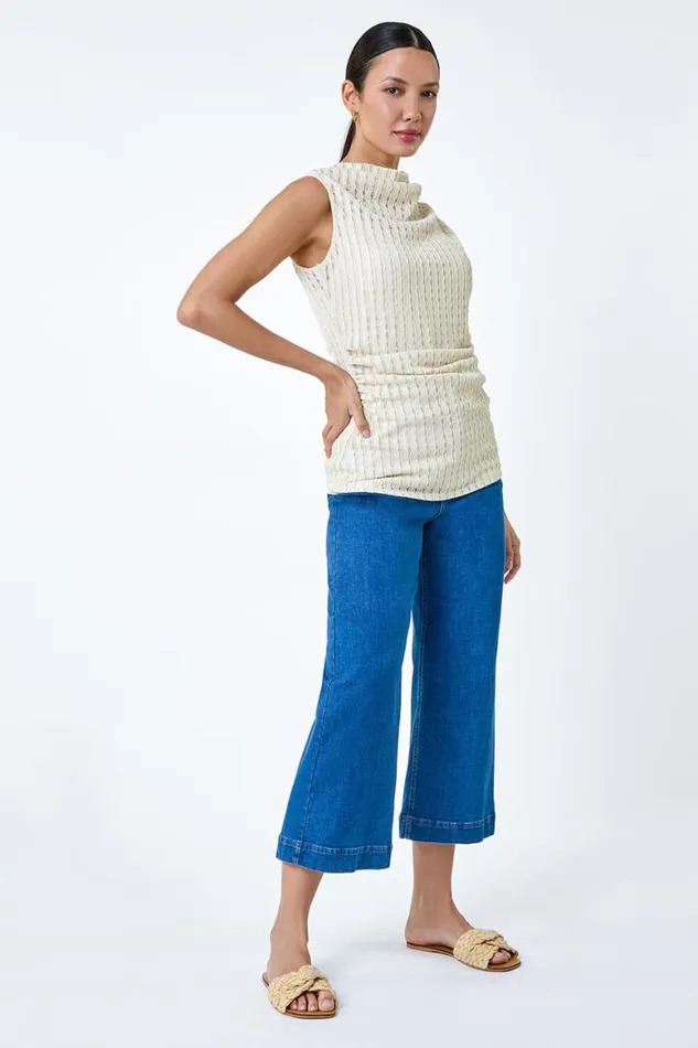 Women Natural Textured Sleeveless Stretch Top Roman Tops