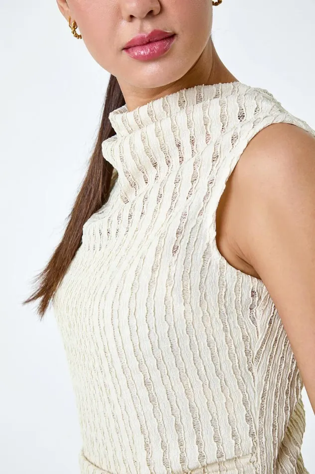 Women Natural Textured Sleeveless Stretch Top Roman Tops