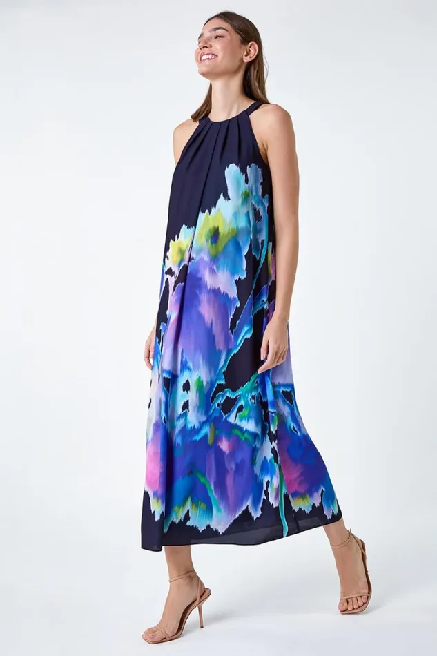 Women Navy Abstract Floral Pleat Detail Trapeze Dress Roman Dresses