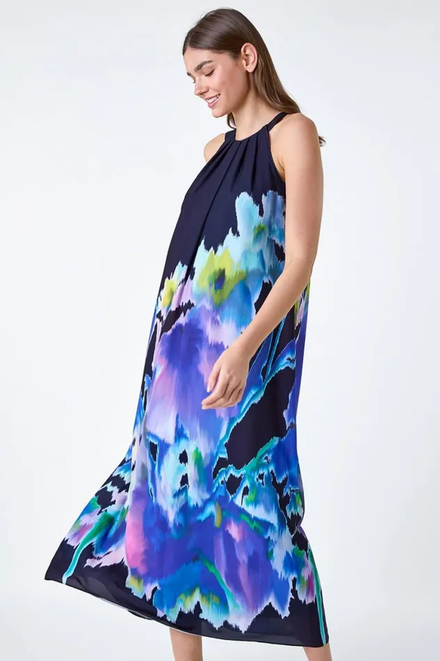 Women Navy Abstract Floral Pleat Detail Trapeze Dress Roman Dresses
