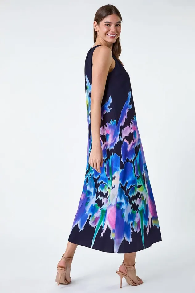 Women Navy Abstract Floral Pleat Detail Trapeze Dress Roman Dresses