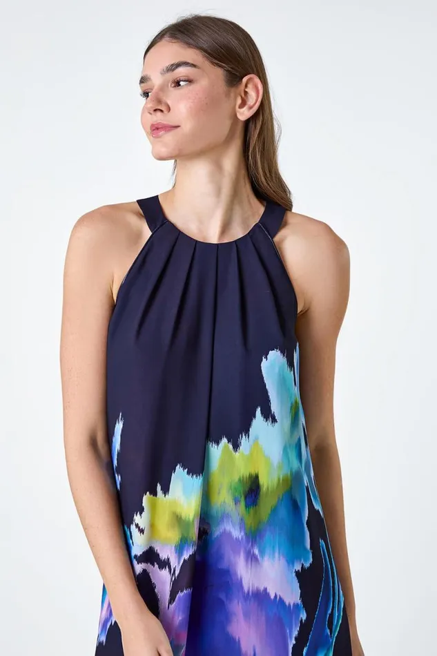 Women Navy Abstract Floral Pleat Detail Trapeze Dress Roman Dresses