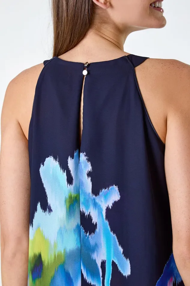 Women Navy Abstract Floral Pleat Detail Trapeze Dress Roman Dresses