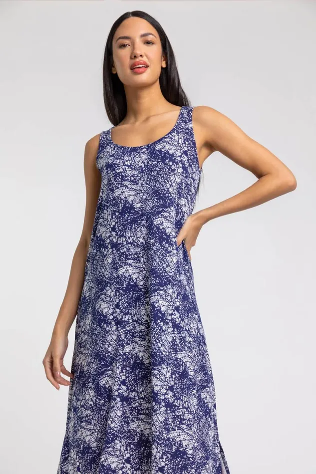 Women Navy Abstract Print Hanky Hem Maxi Dress Roman Dresses