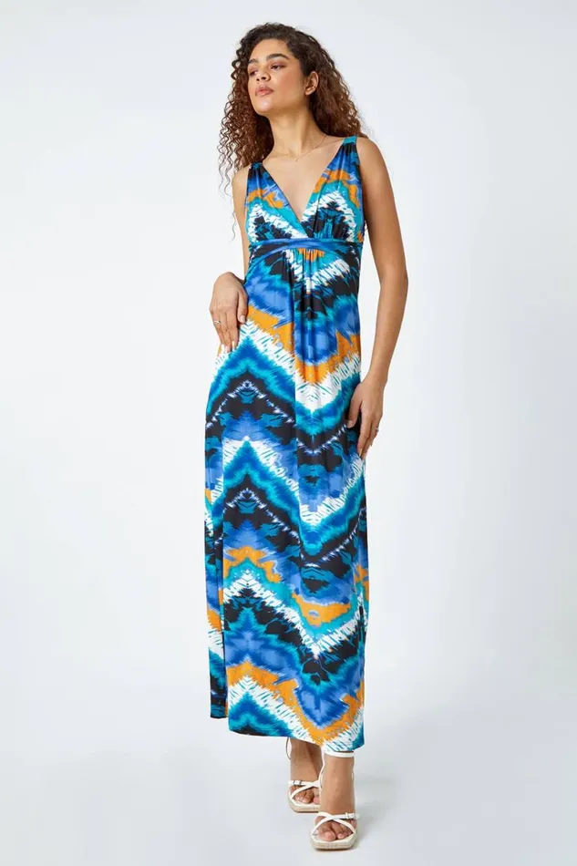 Women Navy Abstract Print Maxi Stretch Dress Roman Dresses