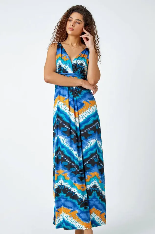 Women Navy Abstract Print Maxi Stretch Dress Roman Dresses