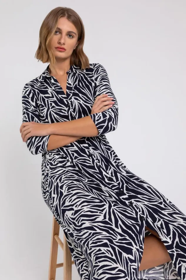 Women Navy Animal Print Collared Midi Dress Roman Dresses