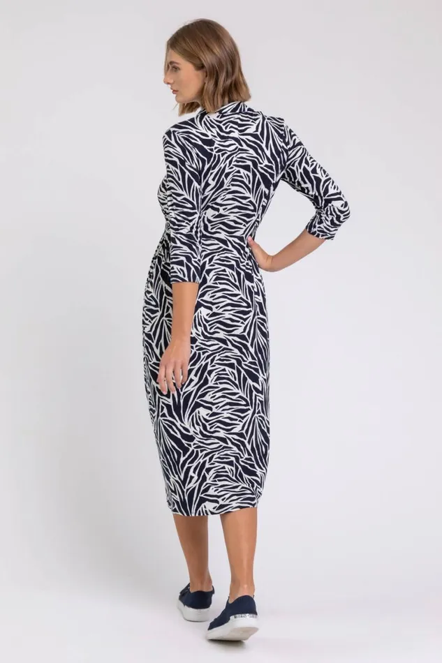 Women Navy Animal Print Collared Midi Dress Roman Dresses