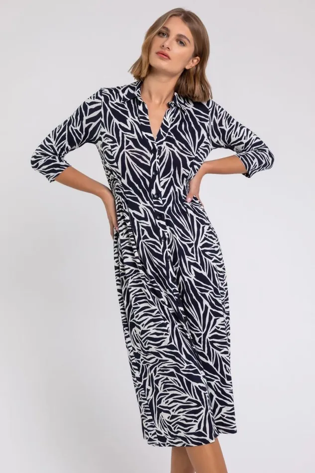 Women Navy Animal Print Collared Midi Dress Roman Dresses