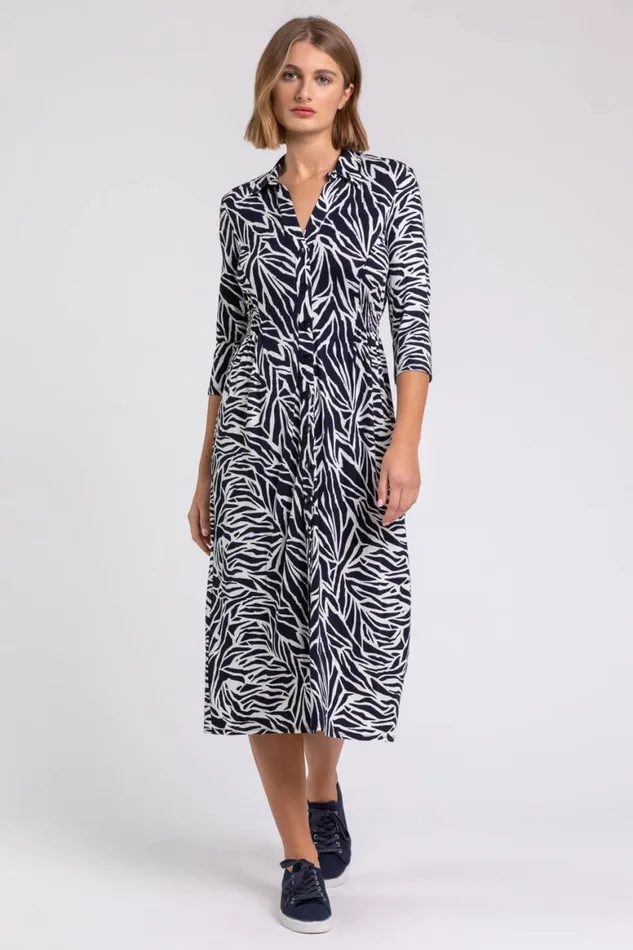 Women Navy Animal Print Collared Midi Dress Roman Dresses