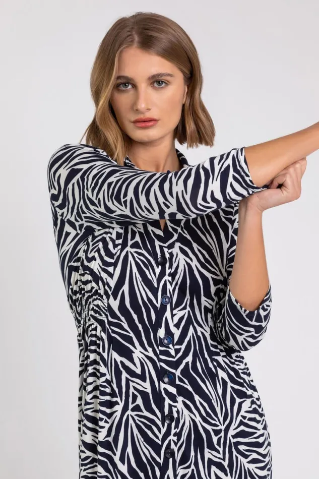 Women Navy Animal Print Collared Midi Dress Roman Dresses