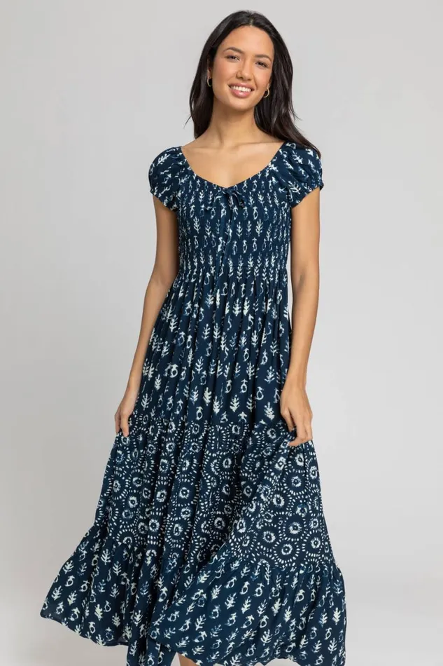 Women Navy Aztec Tie Detail Tiered Maxi Dress Roman Dresses