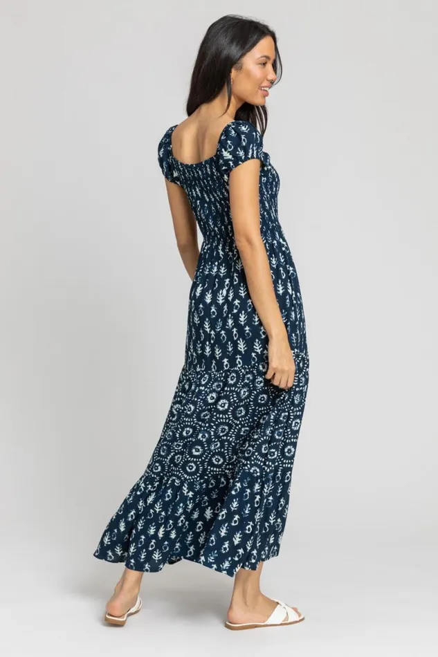 Women Navy Aztec Tie Detail Tiered Maxi Dress Roman Dresses
