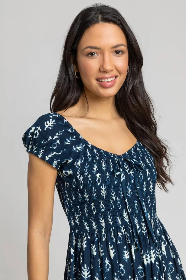 Women Navy Aztec Tie Detail Tiered Maxi Dress Roman Dresses