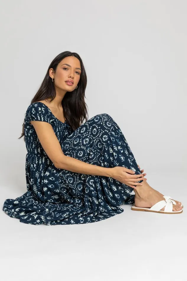 Women Navy Aztec Tie Detail Tiered Maxi Dress Roman Dresses