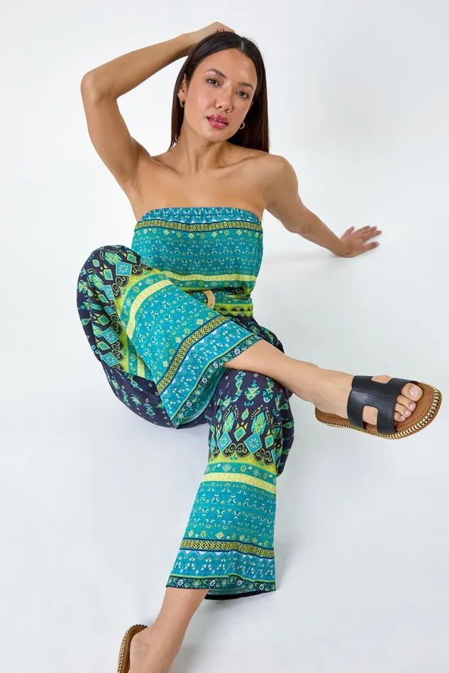 Women Navy Border Print Belted Bandeau Jumpsuit Roman Dresses