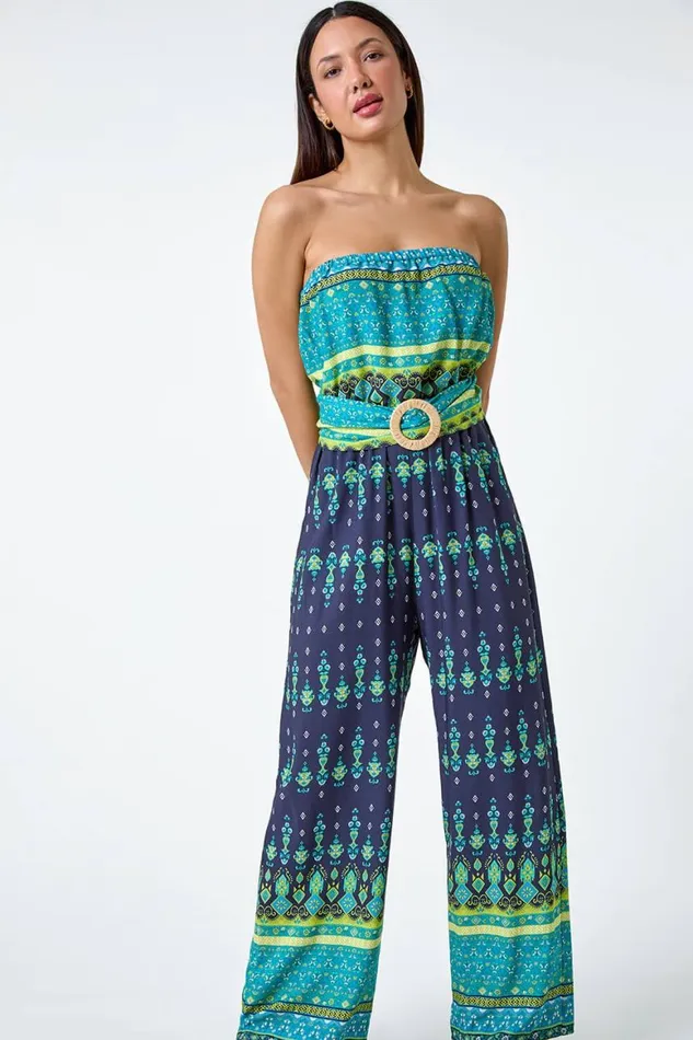 Women Navy Border Print Belted Bandeau Jumpsuit Roman Dresses
