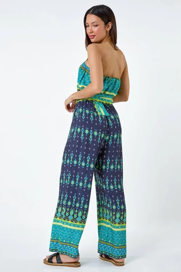 Women Navy Border Print Belted Bandeau Jumpsuit Roman Dresses