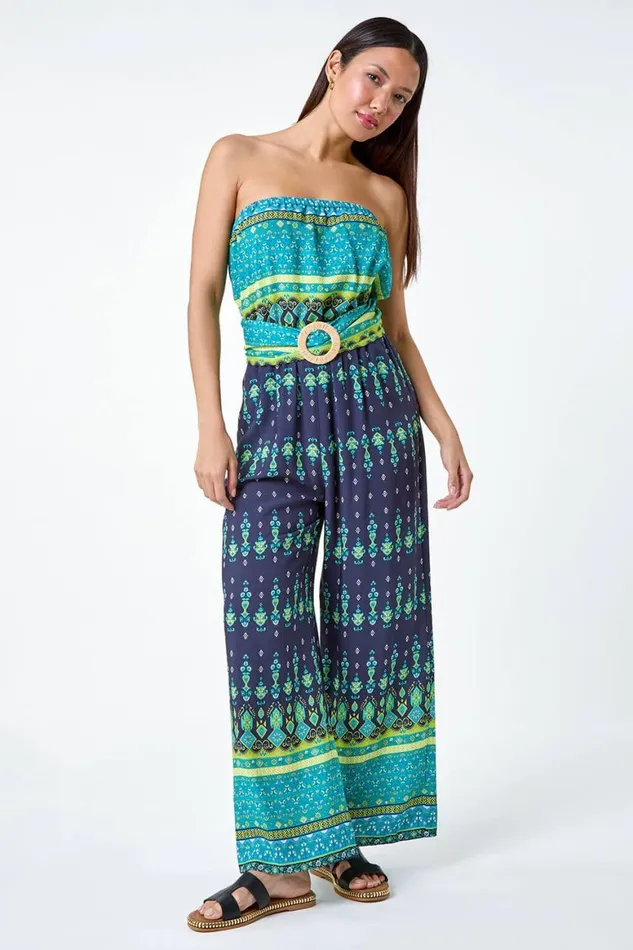 Women Navy Border Print Belted Bandeau Jumpsuit Roman Dresses