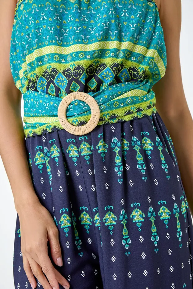 Women Navy Border Print Belted Bandeau Jumpsuit Roman Dresses