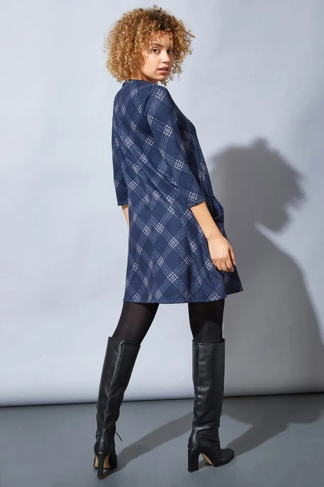 Women Navy Check Print Pocket Detail Swing Dress Roman Dresses