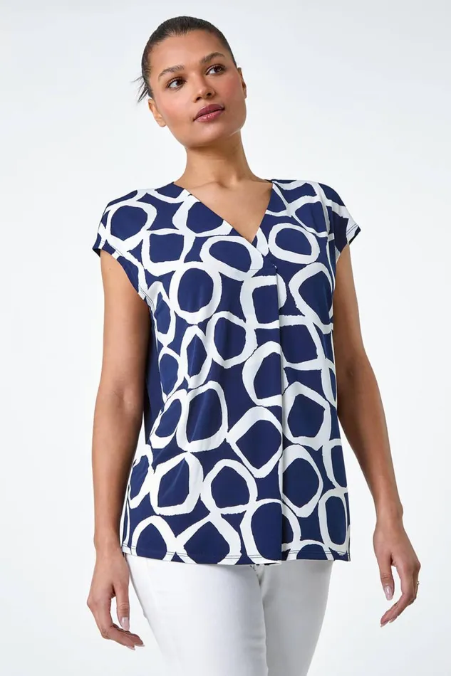 Women Navy Circle Ring Print VNeck Stretch Top Roman Tops