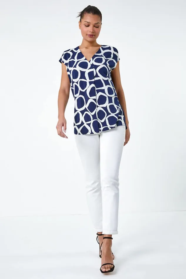 Women Navy Circle Ring Print VNeck Stretch Top Roman Tops