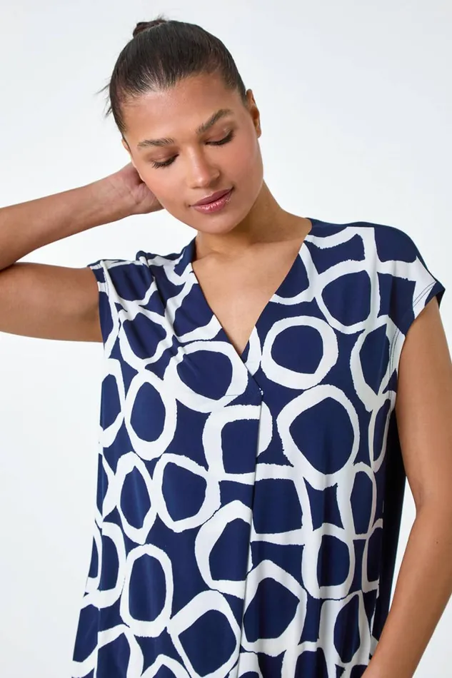 Women Navy Circle Ring Print VNeck Stretch Top Roman Tops