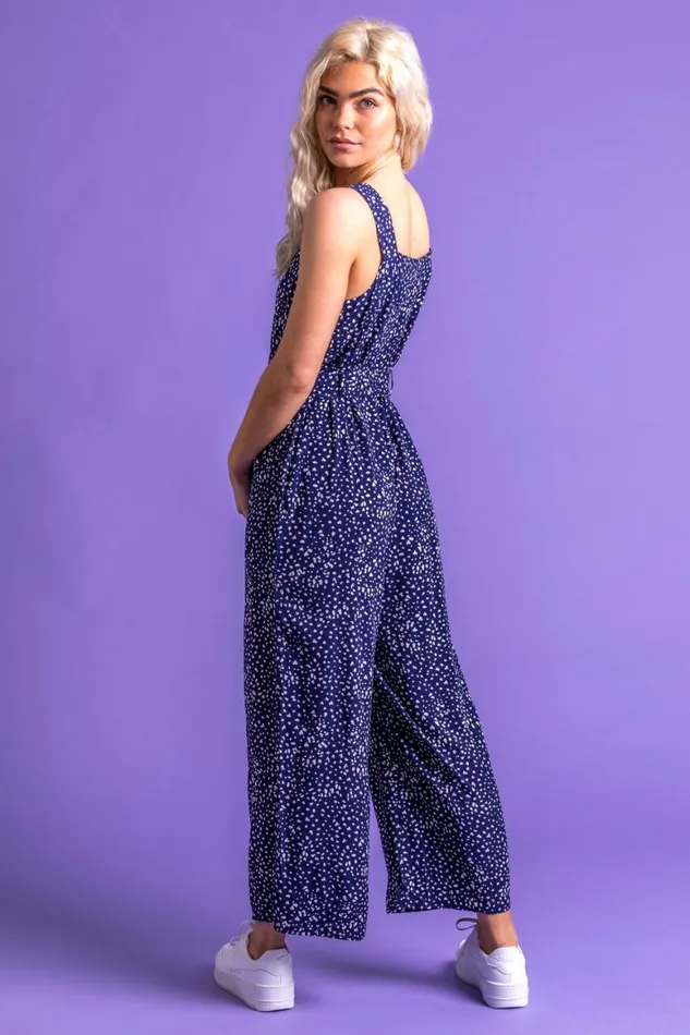 Women Navy Confetti Spot Print Jumpsuit Roman Dresses