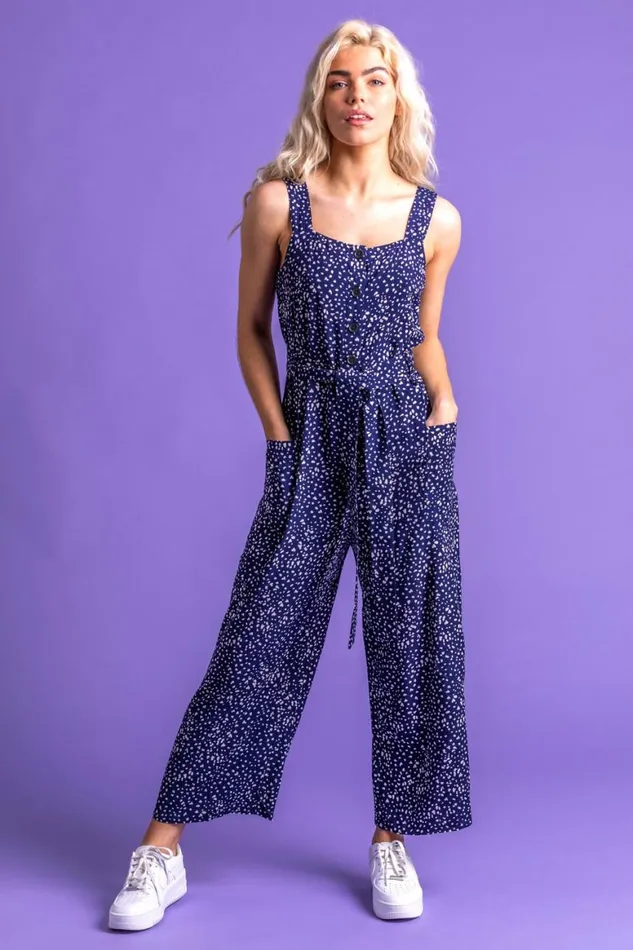 Women Navy Confetti Spot Print Jumpsuit Roman Dresses