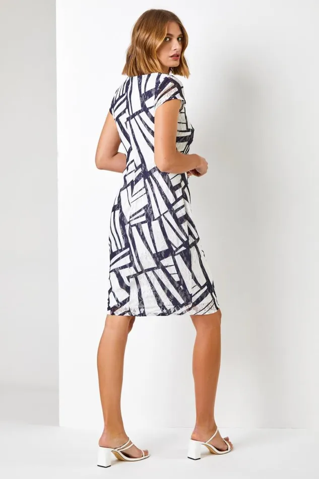 Women Navy Contrast Print Stretch Lace Dress Roman Dresses