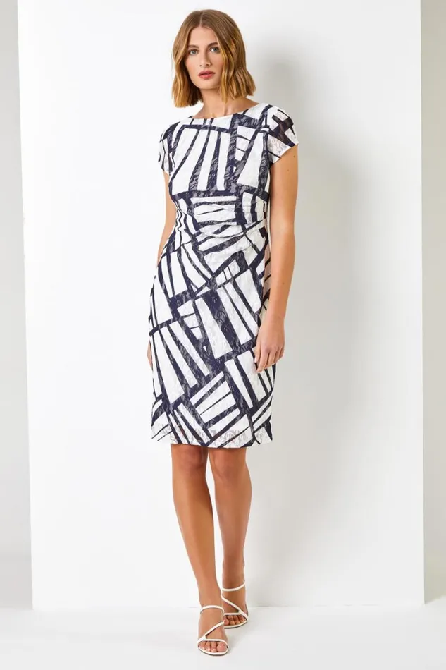 Women Navy Contrast Print Stretch Lace Dress Roman Dresses
