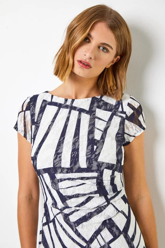 Women Navy Contrast Print Stretch Lace Dress Roman Dresses