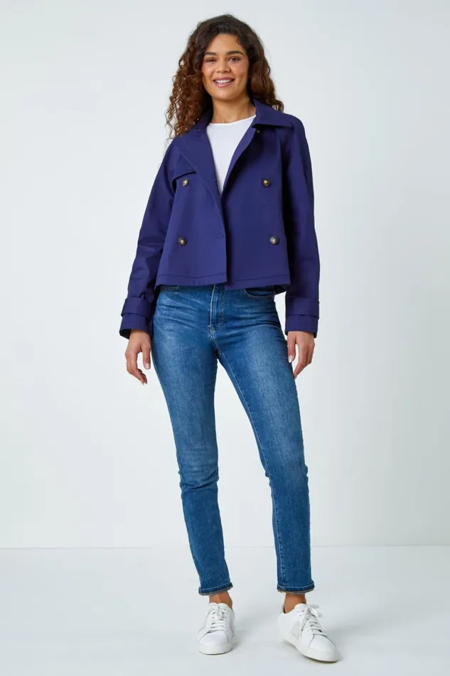 Women Navy Cotton Blend Cropped Stretch Trench Coat Roman Jackets