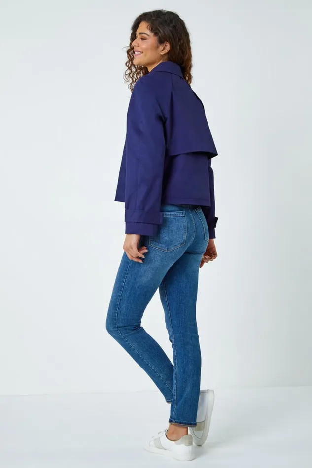 Women Navy Cotton Blend Cropped Stretch Trench Coat Roman Jackets