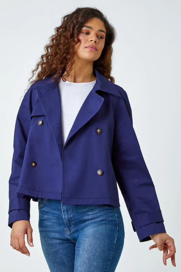 Women Navy Cotton Blend Cropped Stretch Trench Coat Roman Jackets