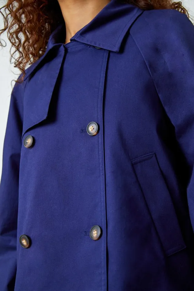 Women Navy Cotton Blend Cropped Stretch Trench Coat Roman Jackets