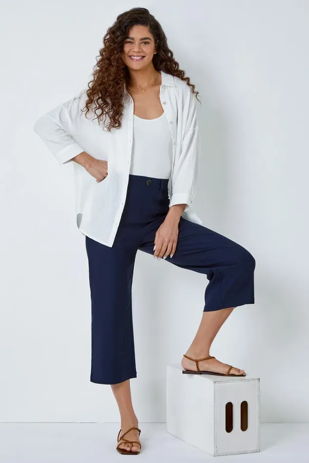 Women Navy Cropped Stretch Culotte Roman Coords
