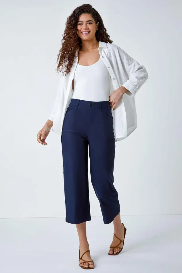 Women Navy Cropped Stretch Culotte Roman Coords