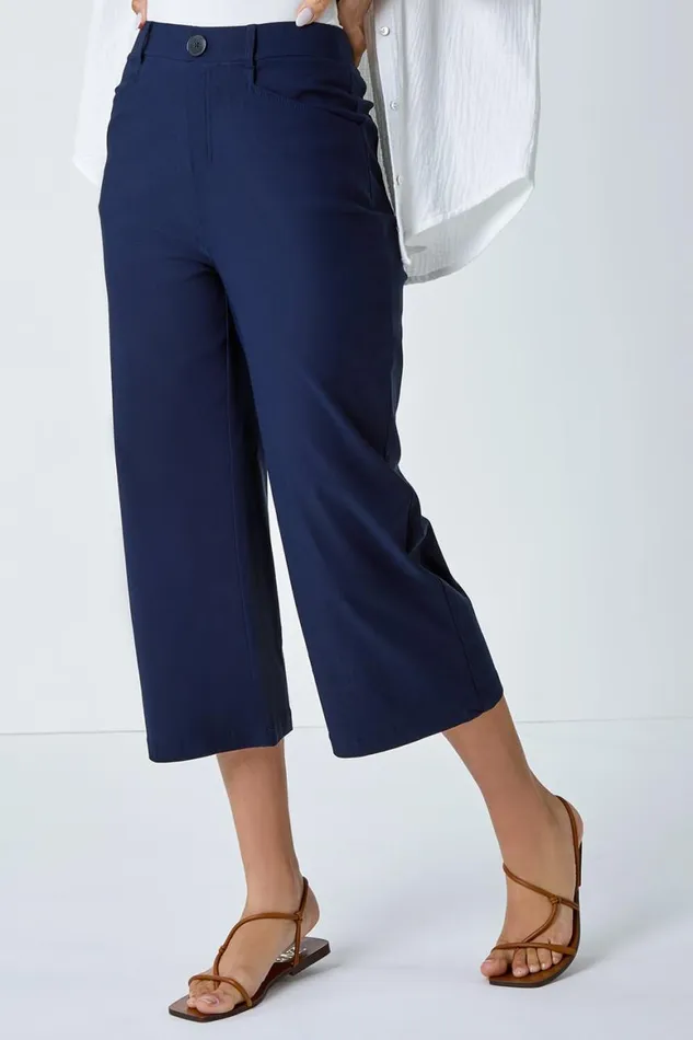 Women Navy Cropped Stretch Culotte Roman Coords