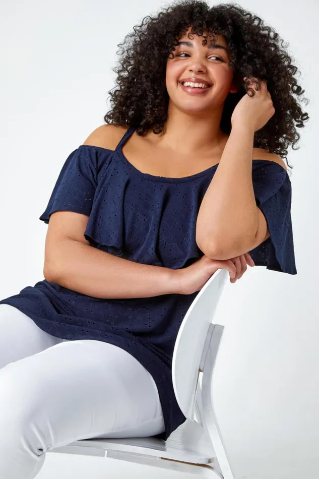 Women Navy Curve Cold Shoulder Frill Detail Top Roman Tops