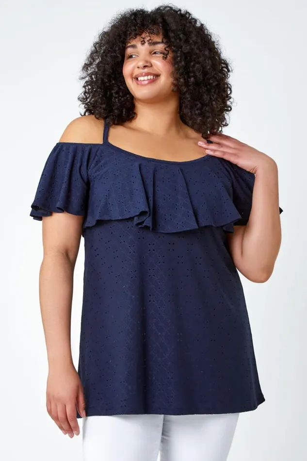 Women Navy Curve Cold Shoulder Frill Detail Top Roman Tops