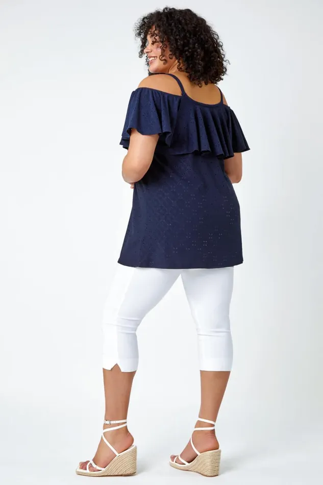 Women Navy Curve Cold Shoulder Frill Detail Top Roman Tops