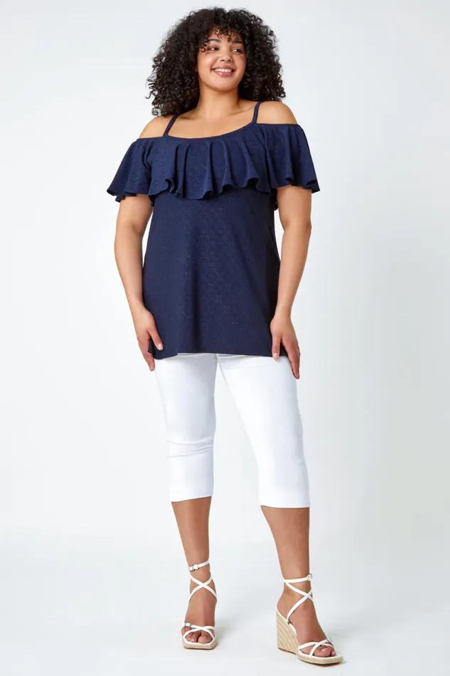 Women Navy Curve Cold Shoulder Frill Detail Top Roman Tops