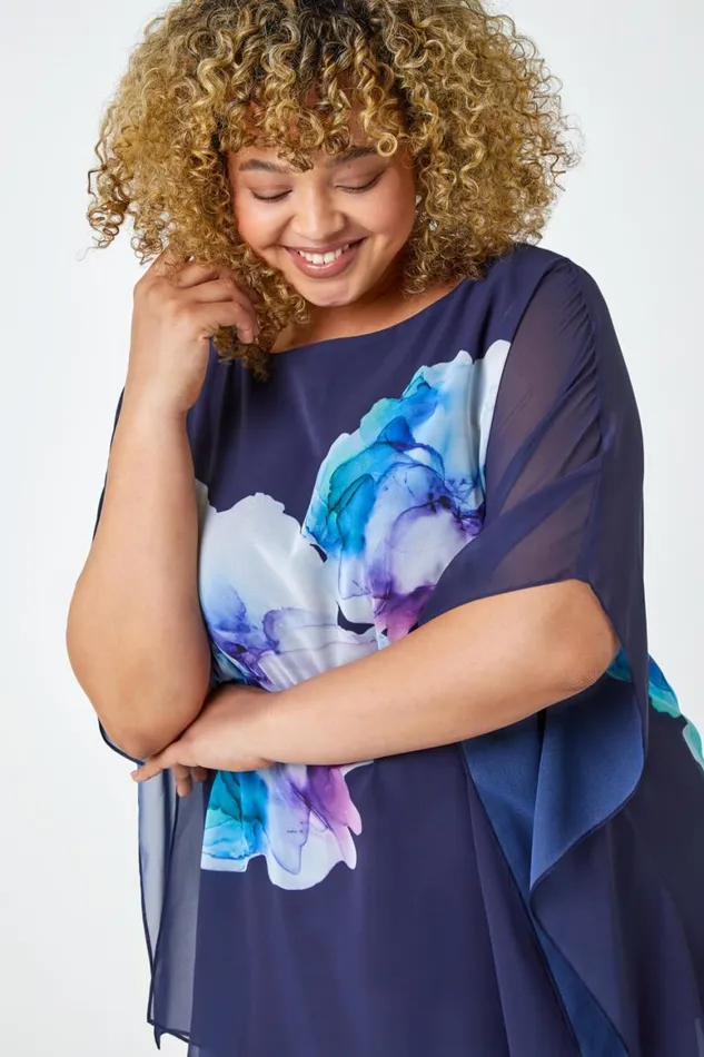 Women Navy Curve Floral Chiffon Overlay Top Roman Tops