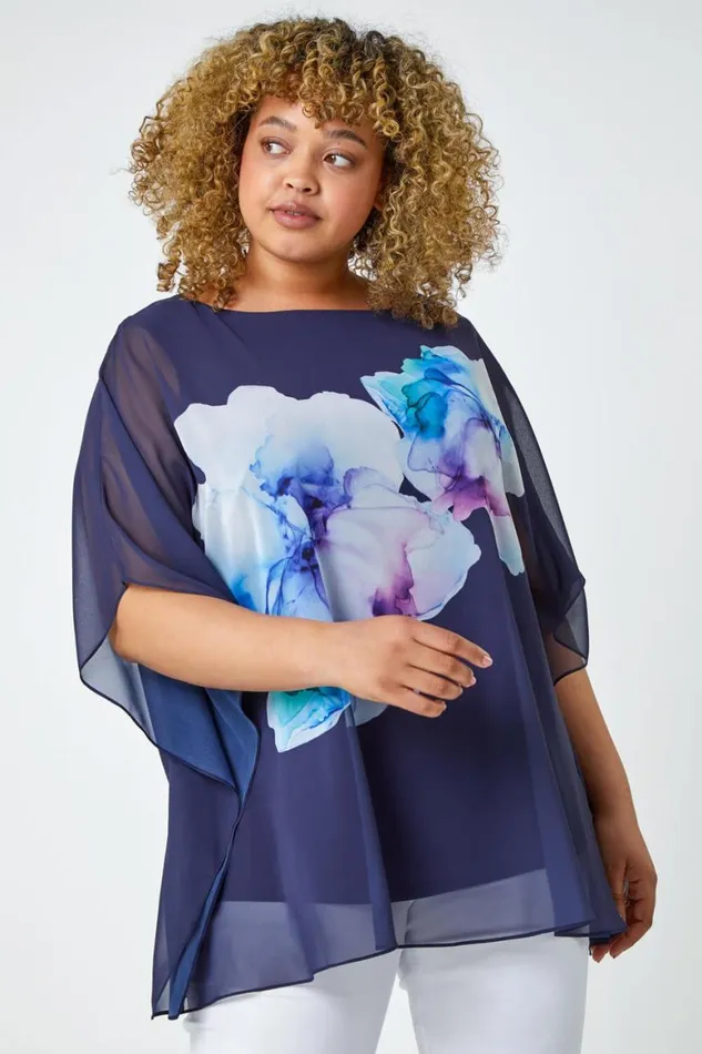 Women Navy Curve Floral Chiffon Overlay Top Roman Tops